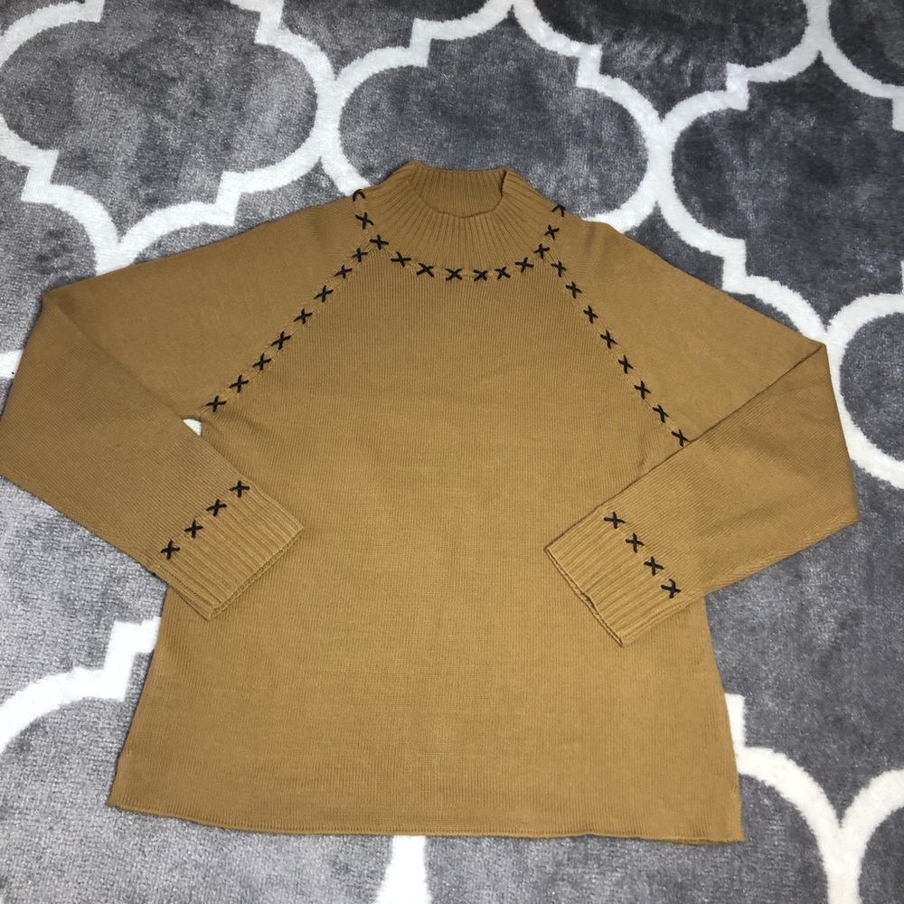 Carol Anderson Sweater Womens XL Leather Criss Cross Design Brown long Sleeve